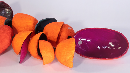 Many open silk cocoons painted in bright shades of orange on a black silk ribbon