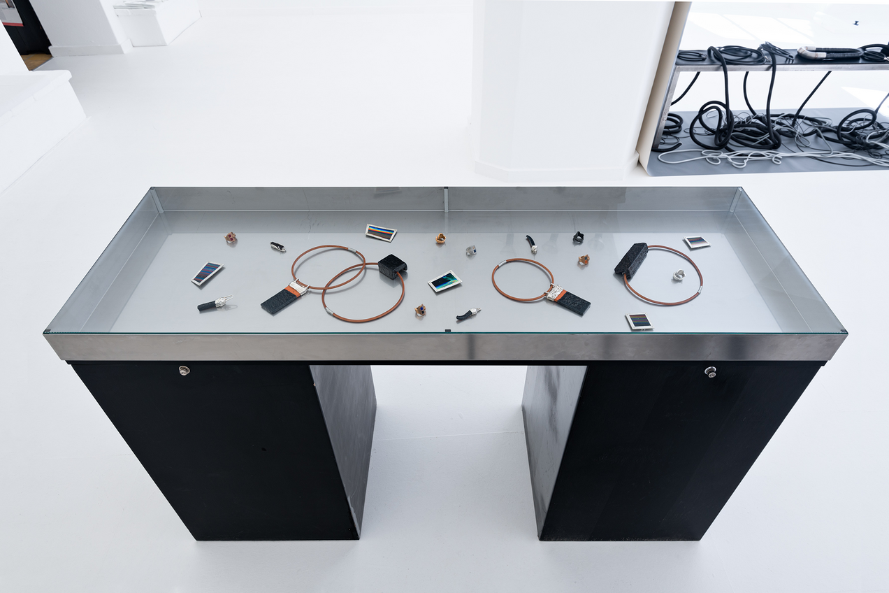 In the exhibition Mulberry Tubes, jewellery artist Michaela Rapp presents collaborations with visual artist friends. The collaborations with Mladen Bizumic, Sonia Leimer and Georg Petermichl are presented in a big black vitrine with glass.