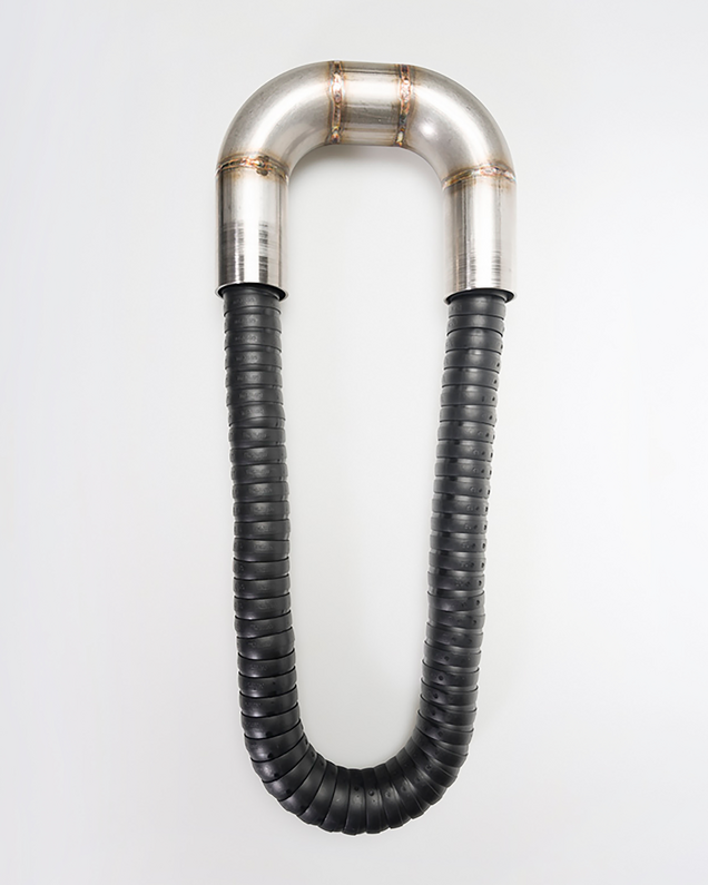 Heavy chain made of black flexible industrial hose with a bent piece of steel