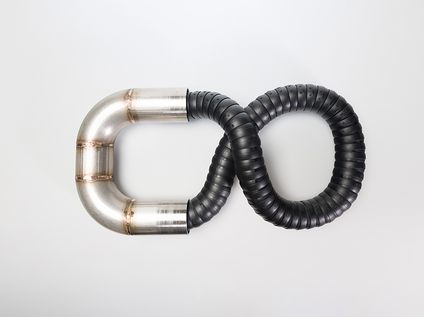 Heavy chain made of black flexible industrial hose with a bent piece of steel